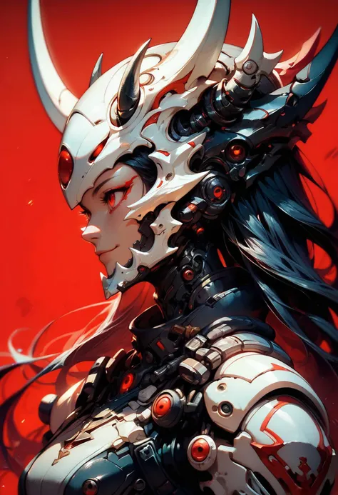 (score_9, score_8_up, score_7_up), zPDXL, 1girl, solo, long hair, smile, black hair, red eyes, closed mouth, upper body, horns, armor, from side, profile, mask, helmet, letterboxed, portrait, red background, science fiction, android, fake horns, looking ahead
<lora:BioPunky:0.8>