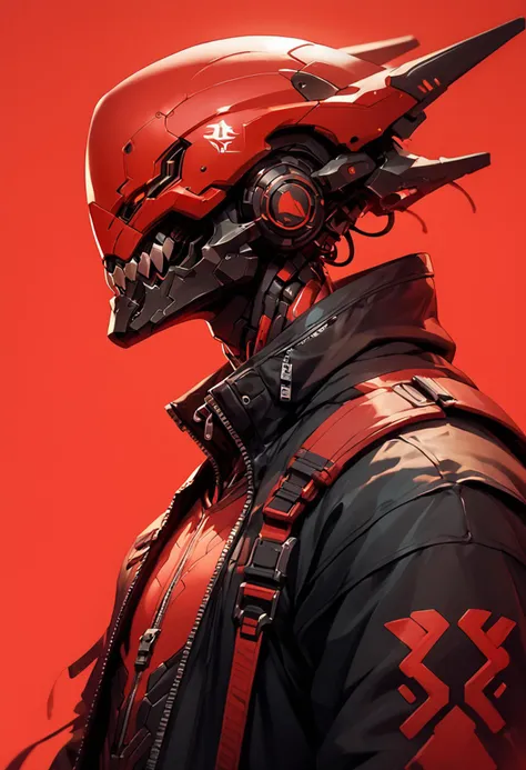 (score_9, score_8_up), score_7_up, zPDXL, solo, simple background, 1boy, jacket, upper body, male focus, from side, black jacket, no humans, profile, helmet, robot, black and red theme, 1other, zipper, science fiction, red background, leather, cyborg, cyberpunk, humanoid robot
<lora:BioPunky:0.9>