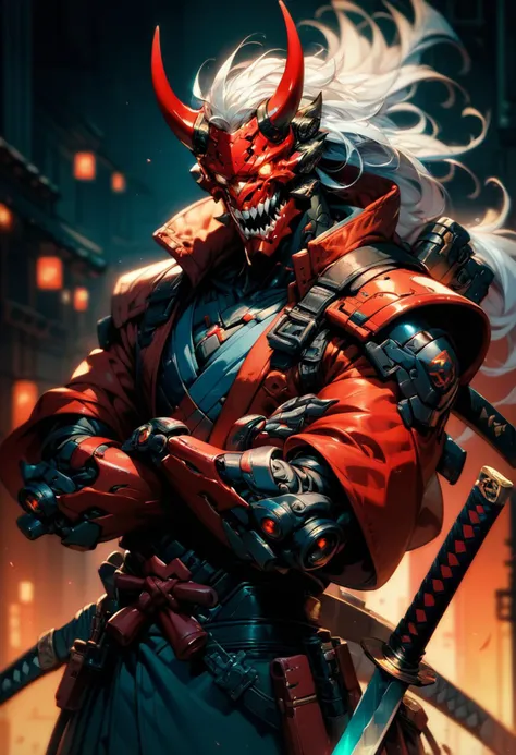 (score_9, score_8_up, score_7_up), zPDXL, 1boy, jacket, weapon, male focus, japanese clothes, horns, long hair, white hair, sword, armor, blurry, mask, sharp teeth, blurry background, glowing, crossed arms, katana, sheath, red jacket, science fiction, sheathed, japanese armor, cyberpunk, samurai
<lora:BioPunky:0.85>