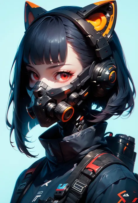 (score_9, score_8_up, score_7_up), zPDXL, 1girl, solo, looking at viewer, short hair, bangs, simple background, black hair, red eyes, animal ears, jacket, upper body, cat ears, blunt bangs, medium hair, grey background, from side, black jacket, eyelashes, mask, fake animal ears, headphones, blue background, backpack, portrait, mouth mask, cyberpunk, respirator, mechanical ears
<lora:BioPunky:0.8>