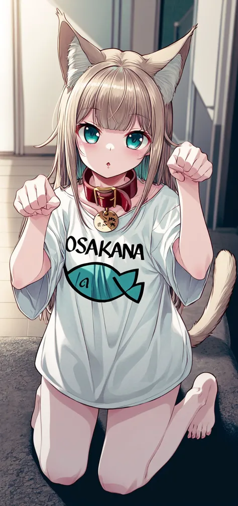 masterpiece,best quality, 1girl,solo,a little girl with a shirt that says osakakana , cat ears,cat tail, aqua_eyes, blond hair,  cat girl, bangs, t-shirt ,oversized_shirt, red_collar , paw pose, on knees  <lora:Osakana_loRa2_32x16:0.7>  <lora:add_detail:0.7>