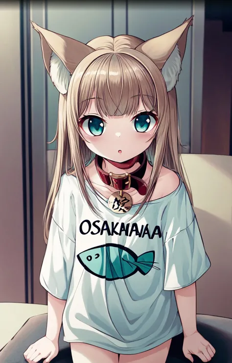 masterpiece,best quality, 1girl,solo,a *********** with a shirt that says osakakana , cat ears, aqua_eyes, blond hair, clothes_writing, animal_collar,  <lora:add_detail:0.6> ,  <lora:Osakana_loRa2_32x16:0.7>