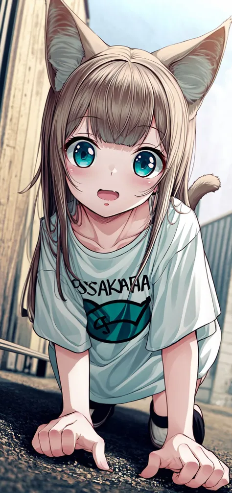 masterpiece,best quality, 1girl,solo, outdoor, a little girl with a shirt that says osakakana, cat ears, aqua_eyes, crawling towards the camera,<lora:Osakana_loRa2_32x16:0.7> <lora:add_detail:0.7>