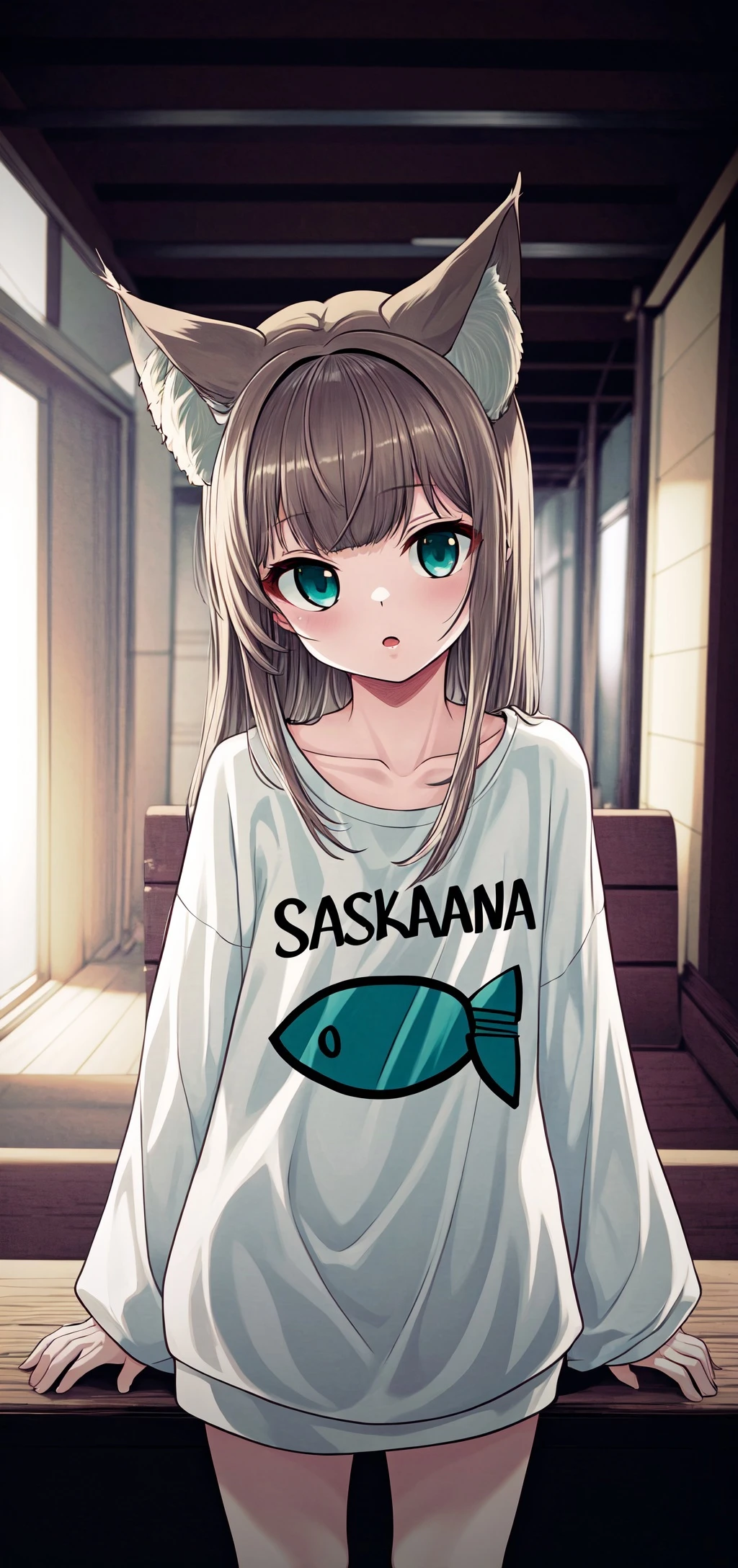 masterpiece,best quality, 1girl,solo, cinematic lights, a girl with a shirt that says osakakana, cat ears, aqua_eyes, <lora:Osakana_loRa2_32x16:0.7> <lora:add_detail:0.7>