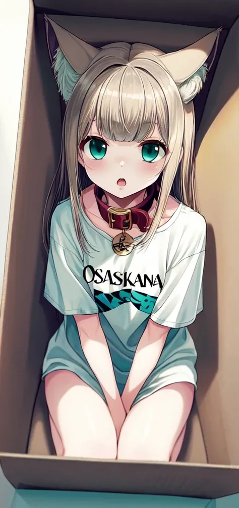 masterpiece,best quality, 1girl,solo,a little girl with a shirt that says osakakana , in box, cat ears, aqua_eyes, blond hair,t-shirt,oversized_shirt, red_collar,<lora:add_detail:0.6> <lora:Osakana_lycoris_32x16-000018:0.7>