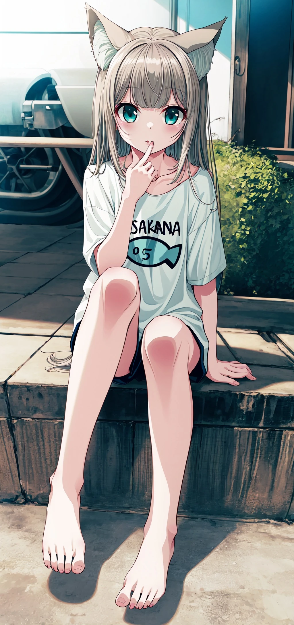 masterpiece,best quality, 1girl,solo, outdoor, a with a shirt that says osakakana, cat ears, aqua_eyes, toes <lora:Osakana_loRa2_32x16:0.7> <lora:add_detail:0.7>