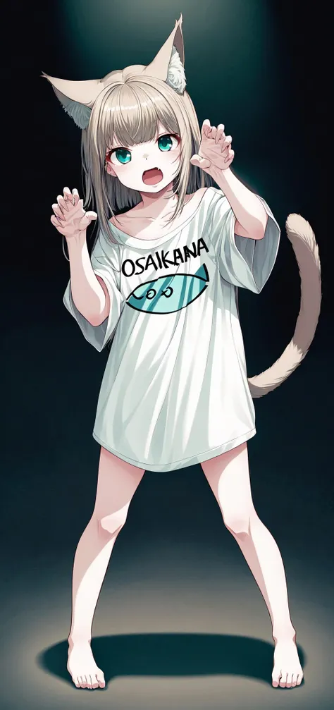 masterpiece,best quality, 1girl,solo, cinematic lights, a girl with a shirt that says osakakana, cat ears, aqua_eyes,cat tail, open mouth, claw pose, <lora:Osakana_loRa2_32x16:0.7> <lora:add_detail:0.7>