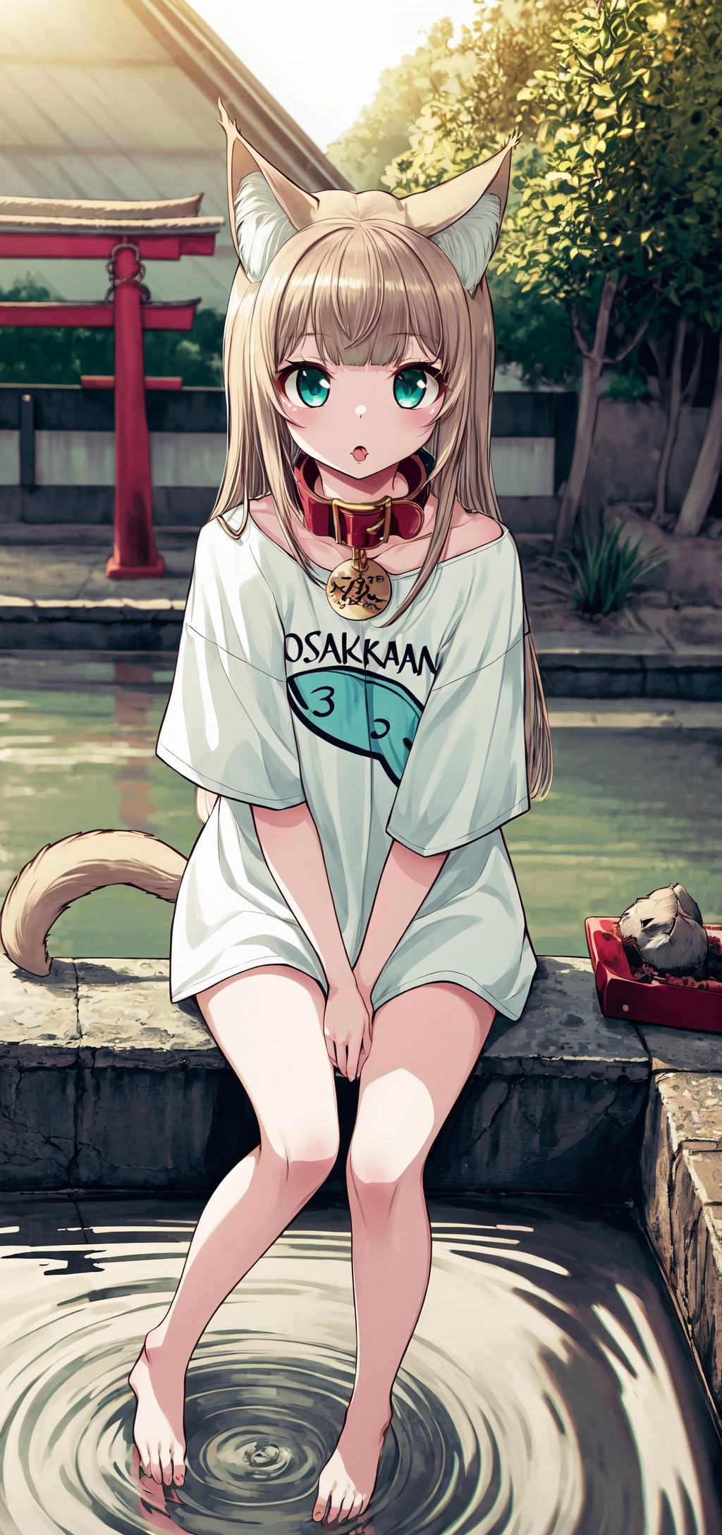 masterpiece,best quality, 1girl,solo,a with a shirt that says osakakana , cat ears,cat tail, aqua_eyes, blond hair, animal_collar, cat girl, bangs, t-shirt ,oversized_shirt, red_collar ,outdoor, sunlight, soaking_feet, ripples,torii,lens_flare, sparkle <lora:Osakana_loRa2_32x16:0.7> <lora:add_detail:0.7>