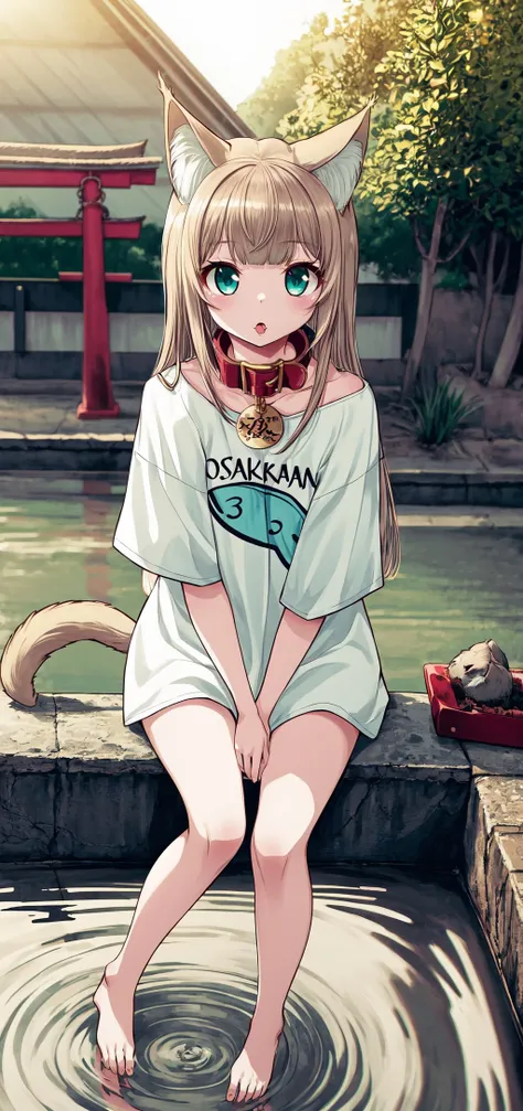 masterpiece,best quality, 1girl,solo,a *********** with a shirt that says osakakana , cat ears,cat tail, aqua_eyes, blond hair, animal_collar, cat girl, bangs, t-shirt ,oversized_shirt, red_collar ,outdoor, sunlight, soaking_feet, ripples,torii,lens_flare, sparkle   <lora:Osakana_loRa2_32x16:0.7>  <lora:add_detail:0.7>