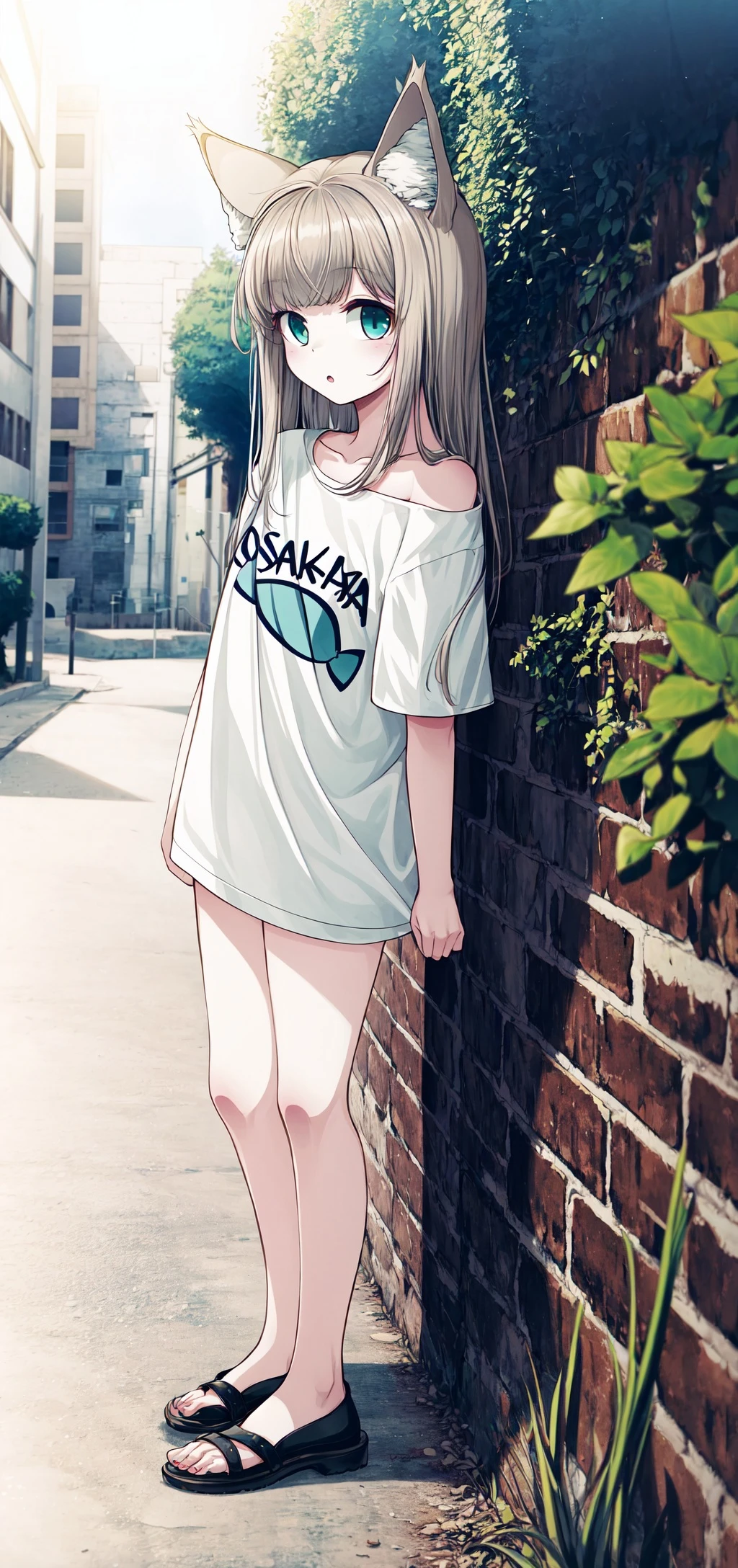 masterpiece,best quality, 1girl,solo, outdoor, a little girl with a shirt that says osakakana, cat ears, aqua_eyes, toes <lora:Osakana_loRa2_32x16:0.7> <lora:add_detail:0.7>