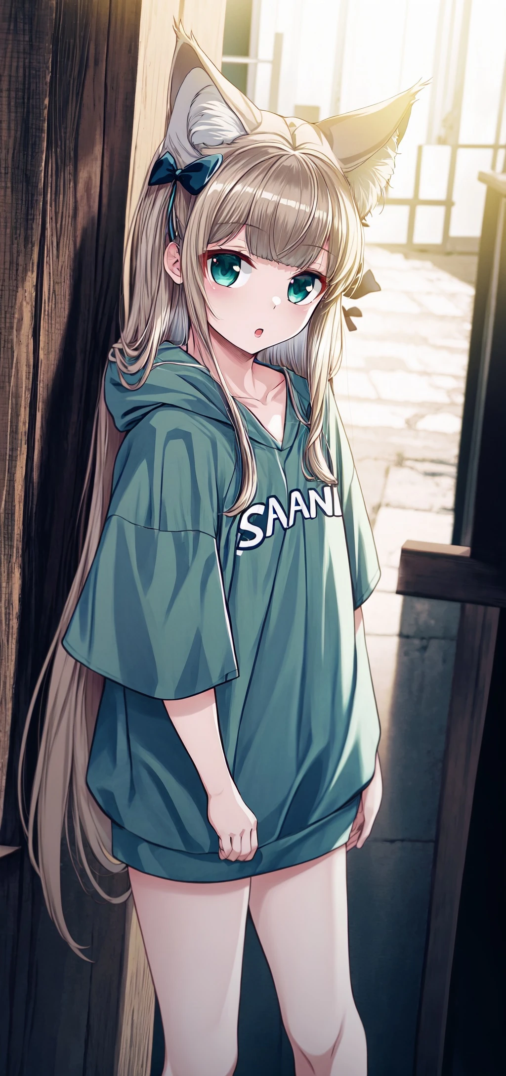 masterpiece,best quality, 1girl,solo, outdoor,oversized_shirt, a girl with a shirt that says osakakana, cat ears, aqua_eyes, blond hair,<lora:Osakana_loRa2_32x16:0.7> ,<lora:add_detail:0.7>, <lora:shion:0.3> yorigami shion, very long hair, hair bow, grey hoodie, short sleeves,
