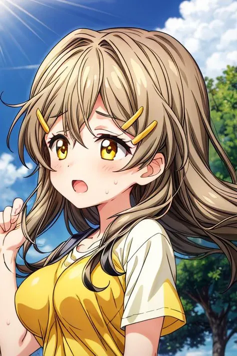 ,ultra-detailed,masterpiece,best quality,solo,1girl,longhair,hairclip,himawari,wind,beige t-shirt,bouncing breasts,((keep track)),sweat,outdoor,cloud,sunnysky<lora:add_detail:1.5> <lora:shinomiya_himawari_ver2.0_5:0.7>