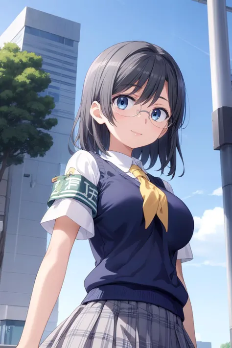 (masterpiece:1.2), (best_quality:1.2), ultra high res, ultra-detailed, 8K, HDR, highres, anime, highly detailed, (best shadow), (absurdres), 
BREAK <lora:konori_mii_v1:0.8>, (large breast:1.1), (perfect proportion:1.2), (narrow waist), 
BREAK aamii, short hair, black hair, blue eyes, glasses, 
BREAK school uniform, yellow neckerchief, collared shirt, sweater vest, (blue vest:1.2), short sleeves, armband, plaid skirt, grey skirt,
BREAK close up, upper body, outdoors, school, smile, from below, captivating pose, looking at viewer, <lora:more_details:0.4>,
