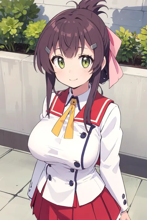 (masterpiece:1.2), (best_quality:1.2), ultra high res, ultra-detailed, 8K, HDR, highres, anime, highly detailed, (best shadow), (absurdres), 
BREAK <lora:CHAR-MaiYanase:0.8>, (large breast:1.2), (perfect proportion:1.2), (narrow waist), 
BREAK MaiYanase, hairclip, folded ponytail, hair ribbon, 
BREAK white shirt, yellow bow, long sleeves, buttons, red sailor collar, red skirt, 
BREAK close up, upper body, indoors, school, classroom, smile, from below, captivating pose, looking at viewer, <lora:more_details:0.1>,
