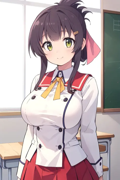 (masterpiece:1.2), (best_quality:1.2), ultra high res, ultra-detailed, 8K, HDR, highres, anime, highly detailed, (best shadow), (absurdres), 
BREAK <lora:CHAR-MaiYanase:0.8>, (large breast:1.2), (perfect proportion:1.2), (narrow waist), 
BREAK MaiYanase, hairclip, folded ponytail, hair ribbon, 
BREAK white shirt, yellow bow, long sleeves, buttons, red sailor collar, red skirt, 
BREAK close up, upper body, indoors, school, classroom, smile, from below, captivating pose, looking at viewer, <lora:more_details:0.1>,