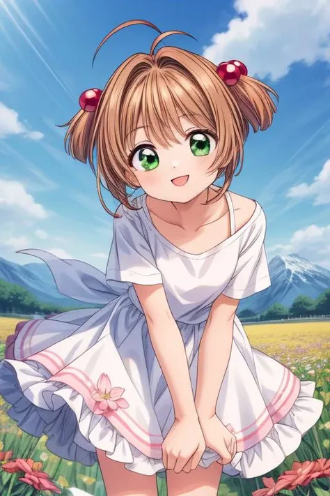 masterpiece, best quality,ultra detailed,fluffy white summerdress,flower field,wind,reaching for viewer,smile,jumping,mountain,1girl, kinomoto sakura, antenna hair, brown hair, short hair, twintails, green eyes, hair bobbles, <lora:SakuraCardCaptor:0.7> <lora:add_detail:1.2>