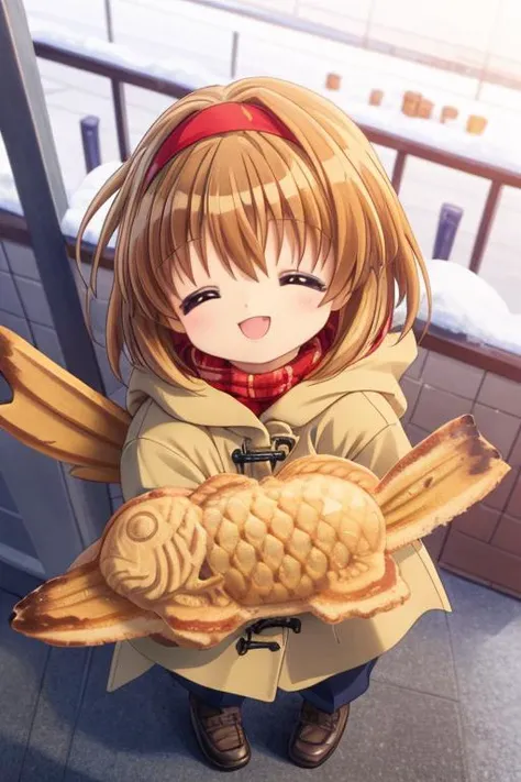 ultra-detailed,masterpiece,best quality,girl,shiny eyes,dutch angle,small angelwing,from above,winter park,closed eyes,smile,brown longhair,simple red headband,duffel coat,mittens,holding taiyaki, taiyaki, food focus, <lora:taiyaki_SD15_V1:0.9> <lora:kanon_2006:0.7> <lora:add_detail:0.8>