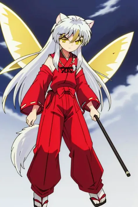 FeoDusk, inuyasha, long hair, animal ears, white hair, male focus,dog ears, (yellow eyes:1.5), hair flower, fairy wings, japanese clothes, hakama, red hakama