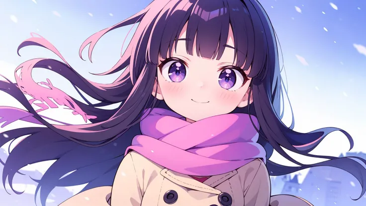 masterpiece, best quality, solo, petite, portrait
black hair, purple eyes, blunt bangs, wavy hair, winter clothes, pink scarf, coat, smile, flat chest
blue sky, wind, snow
