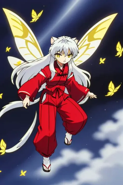 solo, FeoDusk, large fairy wings, 1 boy, inuyasha, long hair, animal ears, white hair, male focus,dog ears, (yellow eyes:1.5), hair flower, fairy wings, japanese clothes, hakama, red hakama, butterfly wings