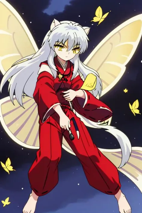 solo, FeoDusk, large fairy wings, 1 boy, inuyasha, long hair, animal ears, white hair, male focus,dog ears, (yellow eyes:1.5), hair flower, fairy wings, japanese clothes, hakama, red hakama, butterfly wings