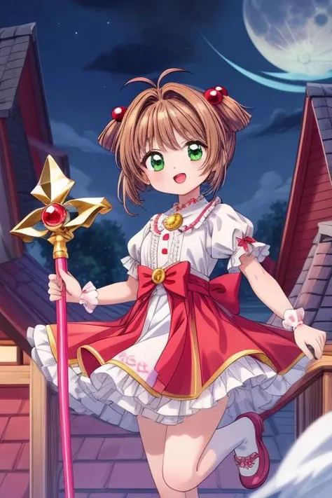 masterpiece, best quality,ultra detailed,fluffy costume,on roof,night,moon,wind,hold magical stick,@ @,shiny eyes,open mouth,jumping,1girl, kinomoto sakura, antenna hair, brown hair, short hair, twintails, green eyes, hair bobbles, <lora:SakuraCardCaptor:0.7> <lora:add_detail:1.2>