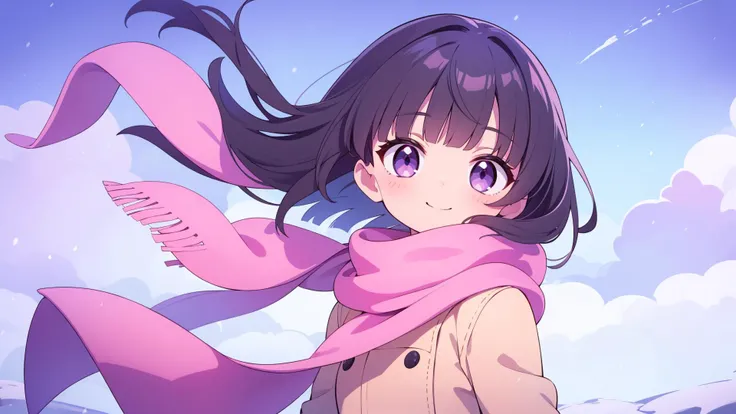 masterpiece, best quality, solo, petite
black hair, purple eyes, blunt bangs, wavy hair, winter clothes, pink scarf, coat, smile, flat chest
blue sky, wind, snow