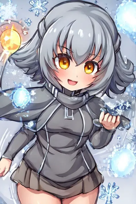 1girl, tlsrobin_alter, solo, grey cloak, grey hair, orange eyes, black shirt, cowboy shot, dynamic, detailed face, focused, medium breasts, happy jumping, chibi,
BREAK magical swirls of ice, snowflakes, icicles, ice magic, glowing hands, (hand-drawn), perfect fingers, simple background,