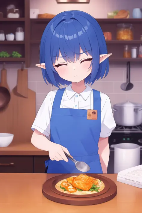 (high quality, best quality, sharp focus:1.2), (ancient fantasy world, darkelf, blue skin:1), (adult woman, 1girl, solo, serious face:1.1), (cook, wearing apron:1.1), (half-closed_eyes:1), (ginger_hair, short_hair, alternate_hairstyle:1), (fit body:1), (canyon:1.1), detailed, extreme detail, intricate detail, highres, absurdres, 4k, 8k, HDR, UHD, masterpiece, immaculate, perfect,