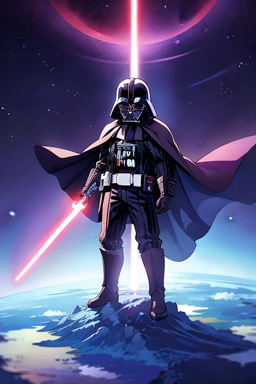 masterpiece, nice hands, best quality, solo, 1boy, death vader, full body, gloves, cape, a111, space background, holding lightsaber, weapon, energy sword, cute, chibi,