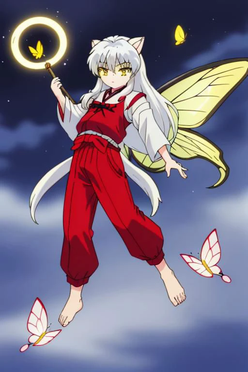 solo, FeoDusk, large fairy wings, 1 boy, inuyasha, long hair, animal ears, white hair, male focus,dog ears, (yellow eyes:1.5), hair flower, fairy wings, japanese clothes, hakama, red hakama, butterfly wings