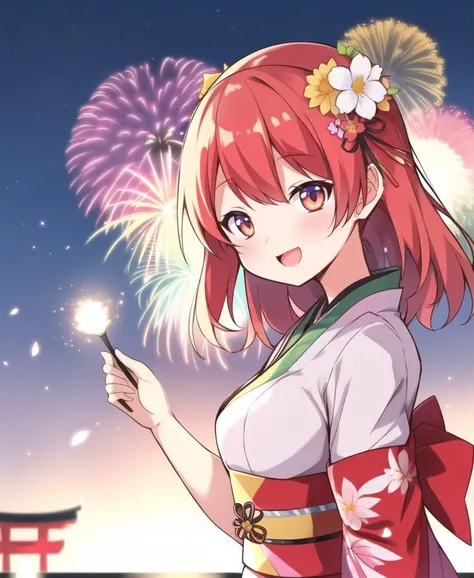 A spirit that rules over the summer season in Japan. lively and energetic appearance, with features such as sun-kissed skin, bright and colorful clothing, and perhaps even a flower crown or accessory. The background should be filled with lush greenery and blooming flowers, with a warm and sunny atmosphere. Feel free to include any other elements that evoke the feeling of summer in Japan, such as fireworks or festivals.