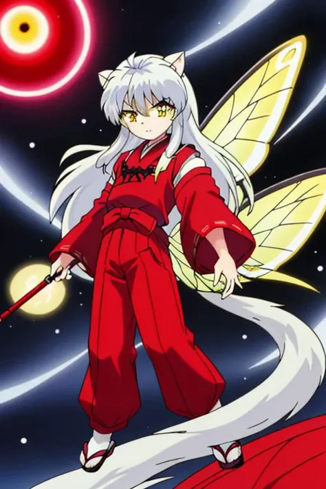 solo, FeoDusk, large fairy wings, 1 boy, inuyasha, long hair, animal ears, white hair, male focus,dog ears, (yellow eyes:1.5), hair flower, fairy wings, japanese clothes, hakama, red hakama, butterfly wings