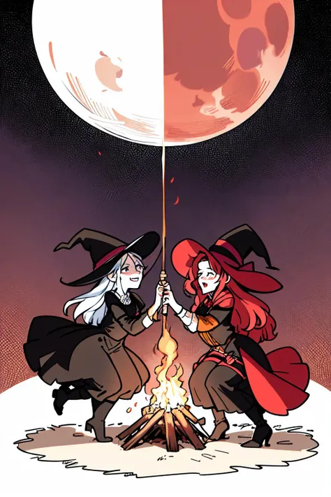 witches cavorting around a fire. under the moon. no inhibitions, carefree, careless