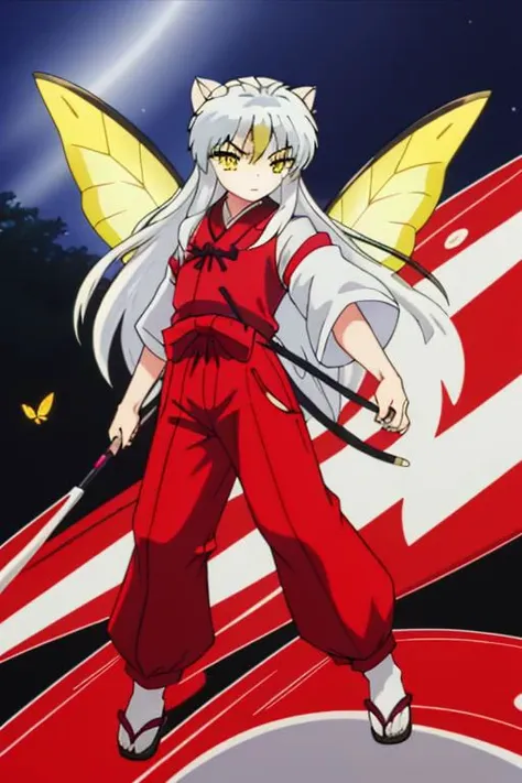 solo, FeoDusk, large fairy wings, 1 boy, inuyasha, long hair, animal ears, white hair, male focus,dog ears, (yellow eyes:1.5), hair flower, fairy wings, japanese clothes, hakama, red hakama, butterfly wings