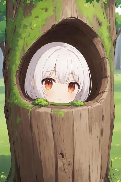 woman relaxing in old tree trunk,
(only face sticks out from small hole, all except face is hidden inside tree trunk cavity and invisible:1.3),
looks like fun, staring into space,
masterpiece, best quality, extremely detailed,
crisp image, sharp image, clear image, vivid colored image,
highly detailed background,