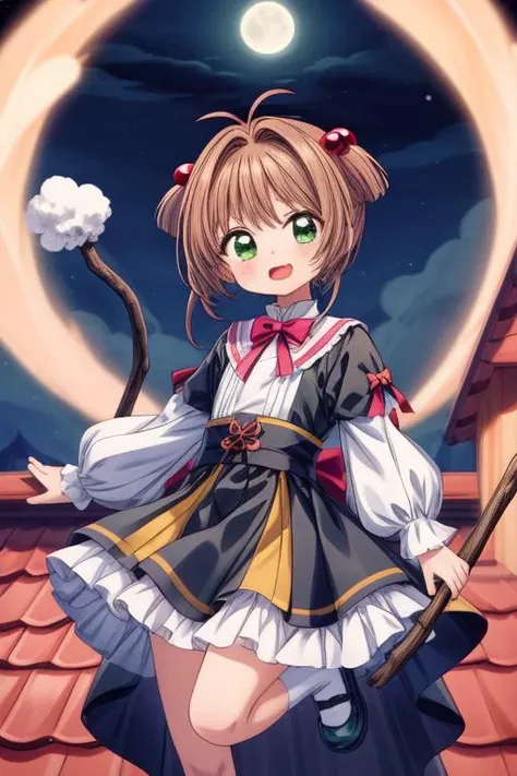 masterpiece, best quality,ultra detailed,fluffy costume,on roof,night,moon,wind,hold magical stick,jitome,wavy mouth,openmouth,,jumping,1girl, kinomoto sakura, antenna hair, brown hair, short hair, twintails, green eyes, hair bobbles, <lora:SakuraCardCaptor:0.7> <lora:add_detail:1.2>