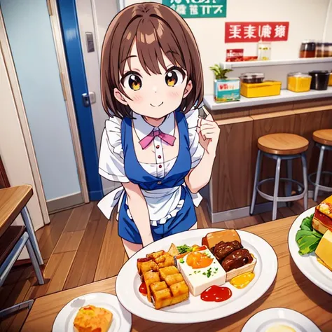 masterpiece, best quality,ultra detail, <lora:anmnr01:0.3>  <lora:add_detail:0.5>,<lora:GoodHands-vanilla:0.8>girl,small breasts,shortpants,apron,brown shorthair,(anzhctoomuchfood) <lora:AnzhcTooMuchFood_671205:0.7>cafe,party,surving food,standing,smile, food<lora:ponsuke:0.7>from above,food focus