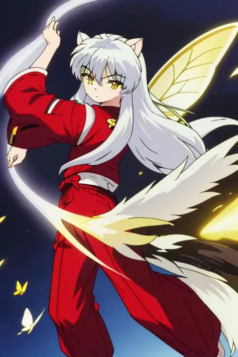 solo, FeoDusk, large fairy wings, 1 boy, inuyasha, long hair, animal ears, white hair, male focus,dog ears, (yellow eyes:1.5), hair flower, fairy wings, japanese clothes, hakama, red hakama, butterfly wings