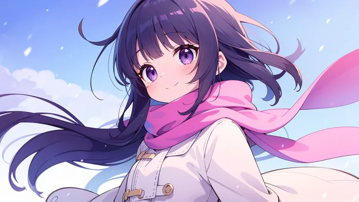 masterpiece, best quality, solo, petite
black hair, purple eyes, blunt bangs, wavy hair, winter clothes, pink scarf, coat, smile, flat chest
blue sky, wind, snow