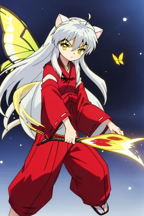 solo, FeoDusk, large fairy wings, 1 boy, inuyasha, long hair, animal ears, white hair, male focus,dog ears, (yellow eyes:1.5), hair flower, fairy wings, japanese clothes, hakama, red hakama, butterfly wings