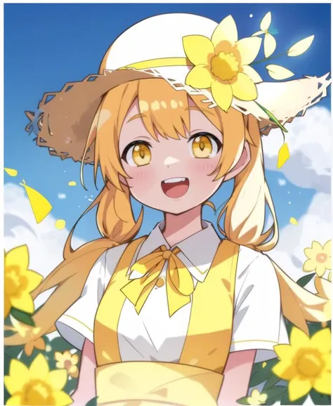 flower in mouth,,yellow eyes,laughing,blonde hair,low braided twintail,white skirt yellow hemline,yellow bow on the chest,wearing a straw hat on the side, one hand raises up to sky,dynamic angles, sunshine,day, (yellow flowers:1.35),(Ochna:1.25),(upper body:1.45),(A splash of colored paint1.15),Movie poster,
