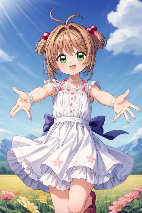 masterpiece, best quality,ultra detailed,fluffy white summerdress,flower field,wind,reaching for viewer,smile,jumping,mountain,1girl, kinomoto sakura, antenna hair, brown hair, short hair, twintails, green eyes, hair bobbles, <lora:SakuraCardCaptor:0.7> <lora:add_detail:1.2>