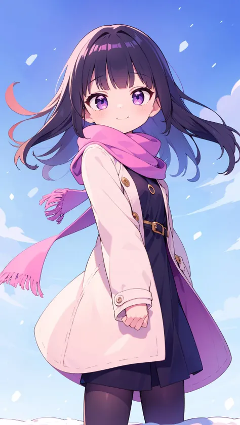 masterpiece, best quality, solo, petite, waist up
black hair, purple eyes, blunt bangs, wavy hair, winter clothes, pink scarf, coat, smile, flat chest
blue sky, wind, snow