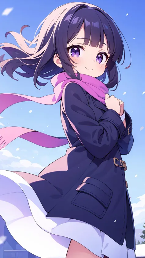 masterpiece, best quality, solo, petite
black hair, purple eyes, blunt bangs, wavy hair, winter clothes, pink scarf, coat, smile, flat chest
blue sky, wind, snow