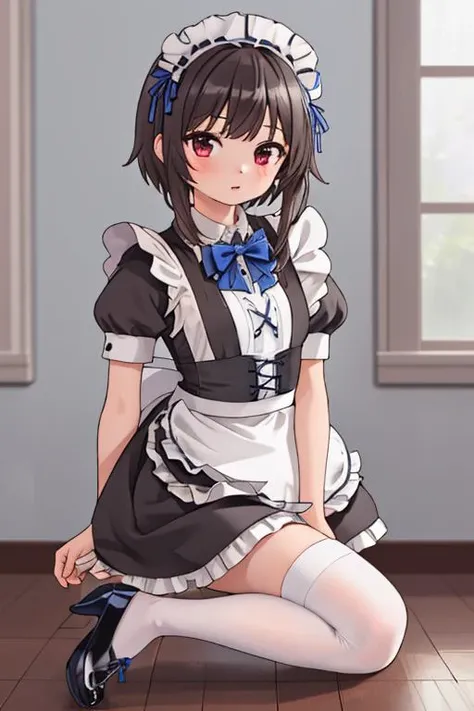 masterpiece,best quality,ultra detailed,megumin, 1girl,ite,(puffy sleeves, black footwear, apron, black dress, high heels, white thighhighs, puffy short sleeves, maid, maid headdress, blue bow, blue bowtie) <lora:maid_dress:0.7> <lora:megumin_v2:0.7>