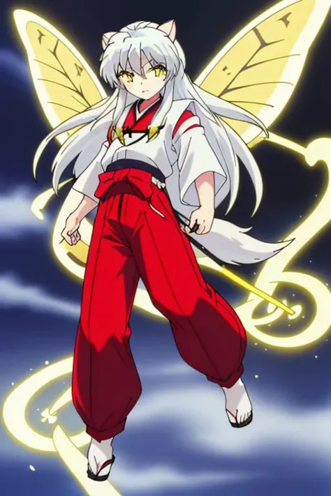 solo, FeoDusk, large fairy wings, 1 boy, inuyasha, long hair, animal ears, white hair, male focus,dog ears, (yellow eyes:1.5), hair flower, fairy wings, japanese clothes, hakama, red hakama, butterfly wings