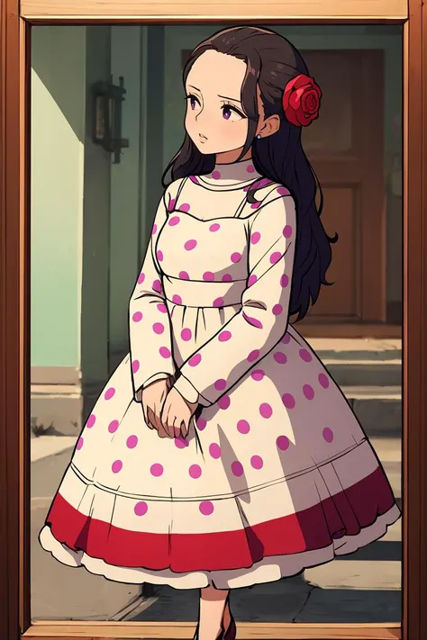 (masterpiece, best quality), <lora:viola_one_piece:0.8> viola, hair ornament, flower, jewelry, dress, dotted dress