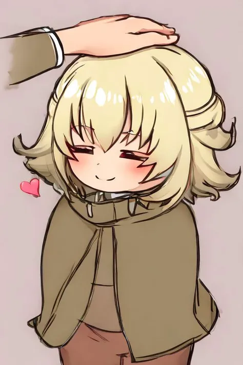 1girl, tlsrobin, solo, cloak, blonde hair, headpat, chibi, closed eyes, smiling, (hand-drawn), perfect fingers, brown sleeve, simple background,