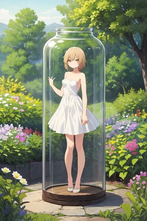 masterpiece, best quality, glass jar, 1girl standing inside a jar (naked body, small breasts), jar, hands holding the edges of the jar, nature on the background, flower, standing, Garden